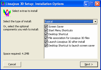 Lissajous 3D installer page 1 - select extras to install