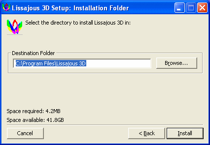 Lissajous 3D installer page 2 - select the directory to install Lissajous 3D in