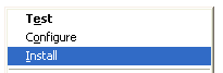  with right click context menu showing Test, Configure and Install options, Install highlighted