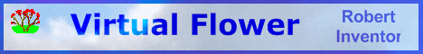 Virtual Flower - Robert Inventor - with icon of virtual geraniums, banner, background clouds in blue sky