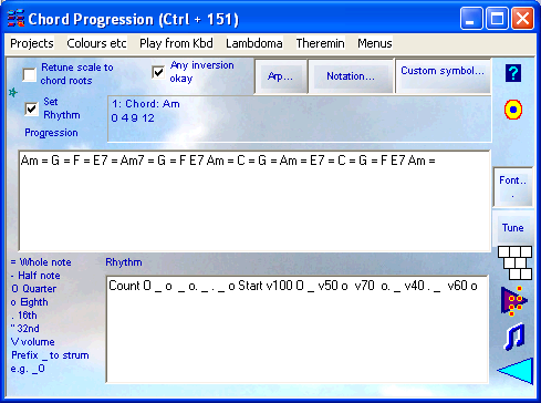 Window with more room for chord progression with Progression field and rhythm field