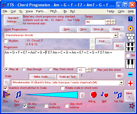 Chord Player with progression field, rhythm switched off. Chord progresssion shown is Am = G = F = E7 = Am7 = ... (greensleeves chords)