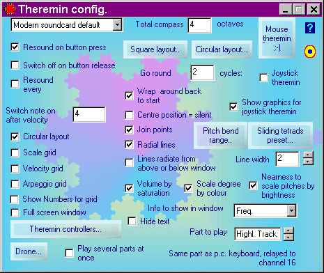 Theremin config window - circular or square layout, compass in octaves, whether to wrap back to start, joystick theremin, and other options