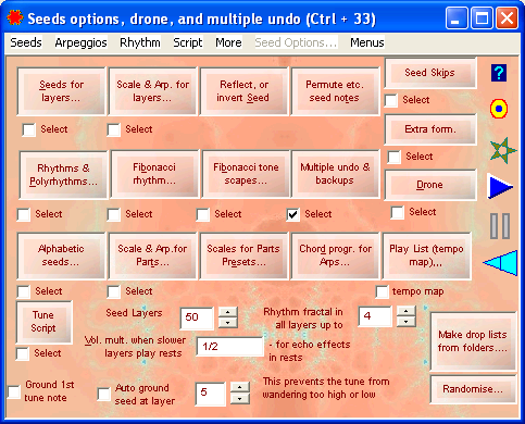 Screen shot of the Seed Options window - shows buttons that bring up the other options mentioned on this page, and a few other controls such as to vary how many layers the rhythm is fractal for, to ground the seed at a layer to prevent the tune wandering too high or low, and to vary the volume for echo effects in rests